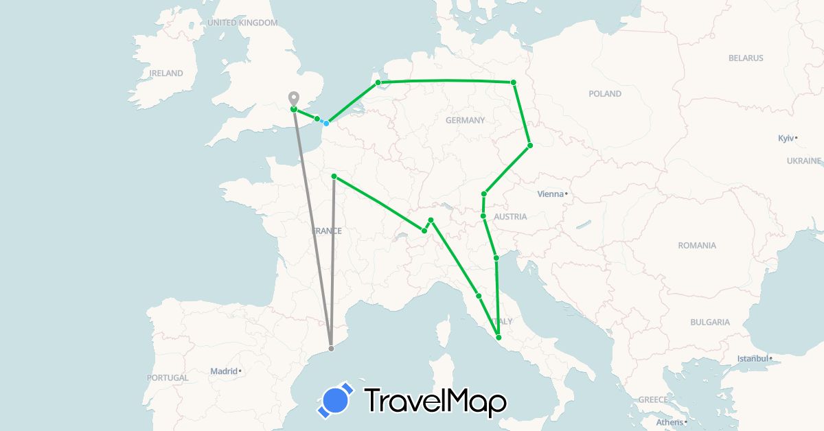 TravelMap itinerary: driving, bus, plane, boat in Austria, Switzerland, Czech Republic, Germany, Spain, France, United Kingdom, Italy, Netherlands (Europe)