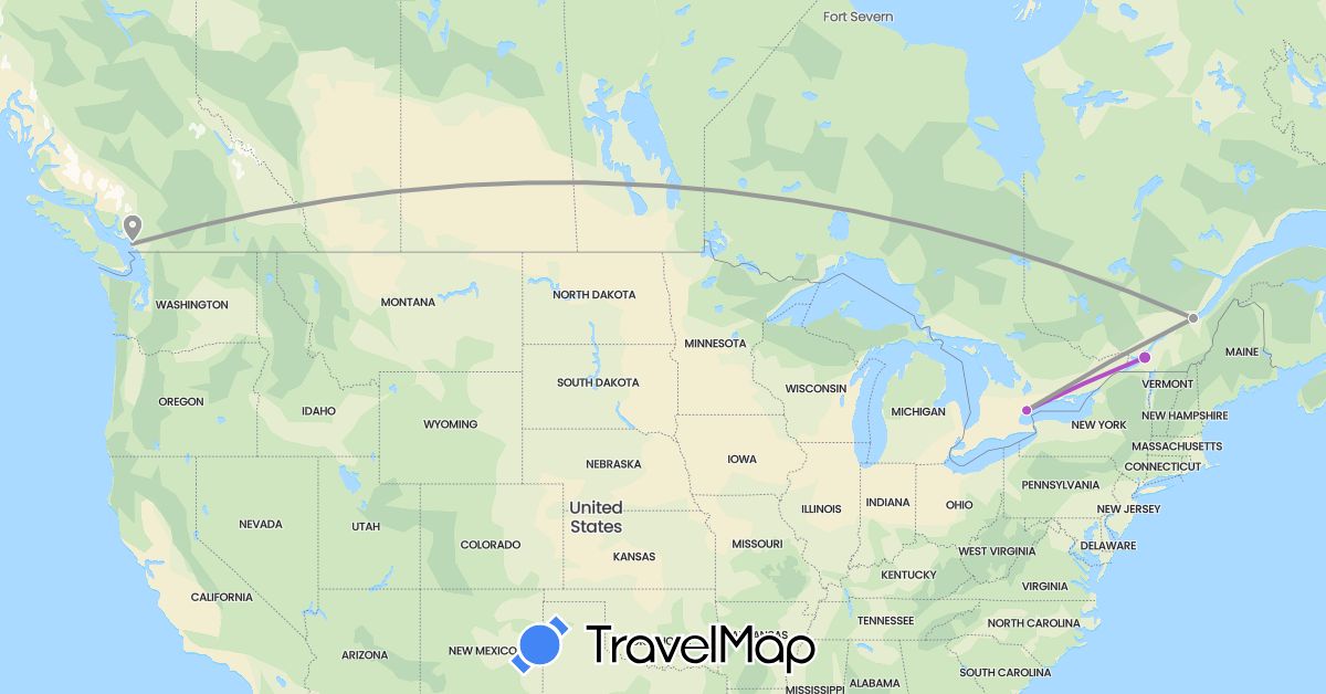 TravelMap itinerary: driving, plane, train in Canada (North America)